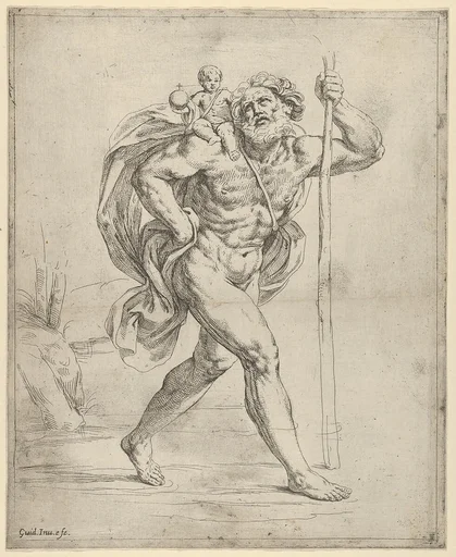 Saint Christopher walking with the infant Christ on his right shoulder